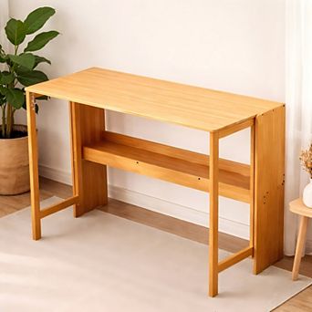 Lufeiya 100%Bamboo Space-Saving Computer Desk Foldable with Storage Shelf