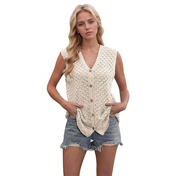 Women's Button Down Sleeveless Solid Color Knit Vest Casual V-Neck Sweater Cardigan