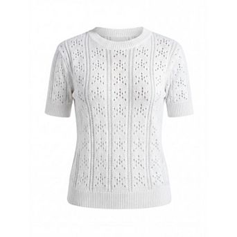 Trendy Hollow Out Knit Blouse Women's Short Sleeve Crew Neck Summer Tops for Fashion Outfits