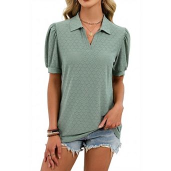 Women's Summer V-Neck T-Shirt with Puff Sleeves and Loose Fit Polo Shirt Top