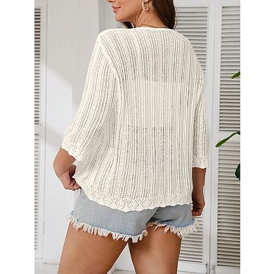 Women's Plus Size 3/4 Sleeve Open Front Round Neck Knit Cardigan Sweater