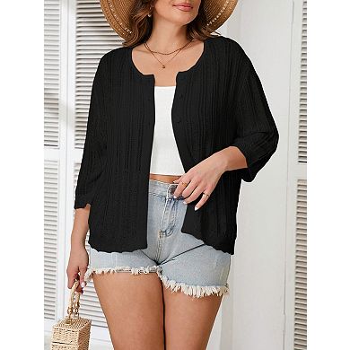 Women's Plus Size 3/4 Sleeve Open Front Round Neck Knit Cardigan Sweater