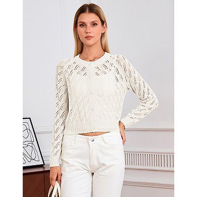 Women's Button Front Open Hollow Knit Cardigan Long Sleeve Casual Sweater