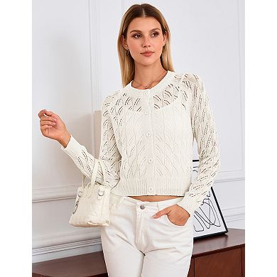 Women's Button Front Open Hollow Knit Cardigan Long Sleeve Casual Sweater