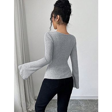 Women's Ribbed Knit Long Sleeve Off-Shoulder Slim Fit Top Bell Sleeve Solid Color Pullover