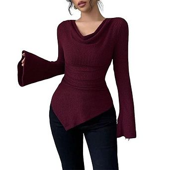 Women's Ribbed Knit Long Sleeve Off-Shoulder Slim Fit Top Bell Sleeve Solid Color Pullover