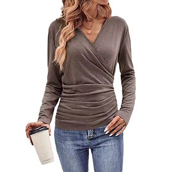 Women's Casual V Neck Ruched Tops Long Sleeve Solid Color T Shirts for Everyday Wear