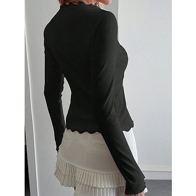 Women's V-Neck Lace Spliced Ribbed Knit Cardigan Long Sleeve Top
