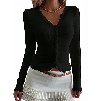 Women's V-Neck Lace Spliced Ribbed Knit Cardigan Long Sleeve Top