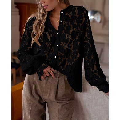 Women's Lace Long Sleeve Button-Down Shirt Tops