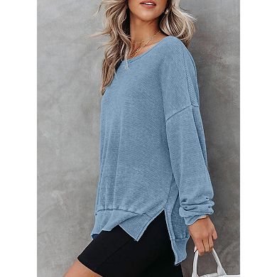 Women's Oversized Waffle Knit Sweatshirt Crewneck Long Sleeve Side Slit Casual Pullover Tops