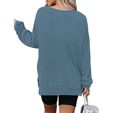 Women's Oversized Waffle Knit Sweatshirt Crewneck Long Sleeve Side Slit Casual Pullover Tops