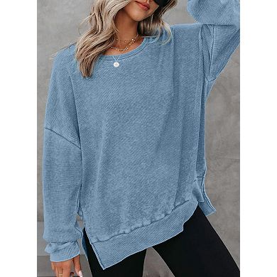 Women's Oversized Waffle Knit Sweatshirt Crewneck Long Sleeve Side Slit Casual Pullover Tops
