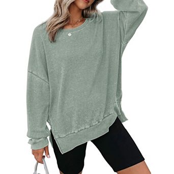 Women's Oversized Waffle Knit Sweatshirt Crewneck Long Sleeve Side Slit Casual Pullover Tops