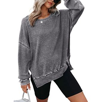 Women's Oversized Waffle Knit Sweatshirt Crewneck Long Sleeve Side Slit Casual Pullover Tops