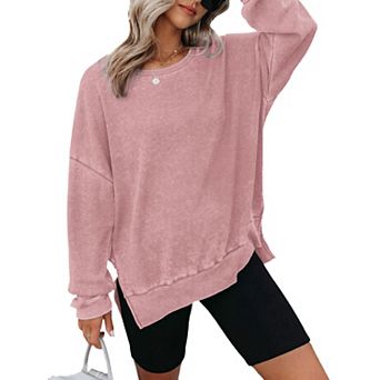 Women's Oversized Waffle Knit Sweatshirt Crewneck Long Sleeve Side Slit Casual Pullover Tops
