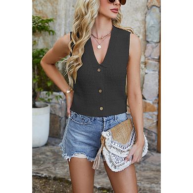 Women's Sleeveless Knit Vest V-Neck Textured Button Down Cropped Sweater Vest