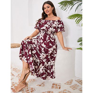 Women’s Plus Size Off Shoulder Ruffle Dress Casual Midi Dress with Floral Solid Prints