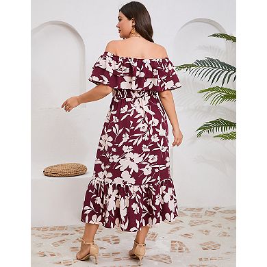 Women’s Plus Size Off Shoulder Ruffle Dress Casual Midi Dress with Floral Solid Prints