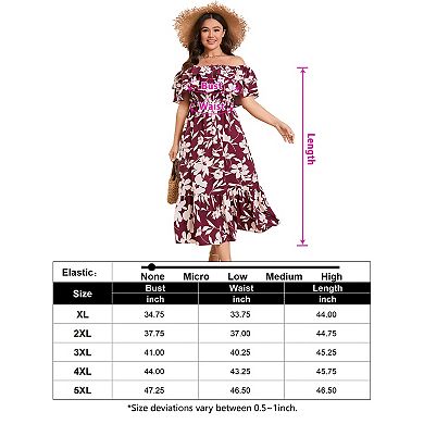 Women’s Plus Size Off Shoulder Ruffle Dress Casual Midi Dress with Floral Solid Prints