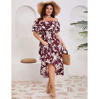 Women’s Plus Size Off Shoulder Ruffle Dress Casual Midi Dress with Floral Solid Prints