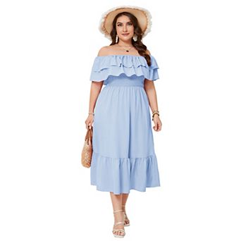 Women’s Plus Size Off Shoulder Ruffle Dress Casual Midi Dress with Floral Solid Prints