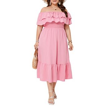 Women’s Plus Size Off Shoulder Ruffle Dress Casual Midi Dress with Floral Solid Prints
