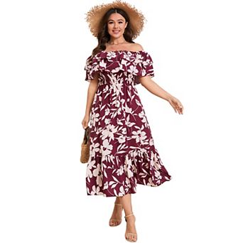 Women’s Plus Size Off Shoulder Ruffle Dress Casual Midi Dress with Floral Solid Prints