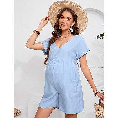 Women's Maternity V-Neck Short Sleeve Romper Summer Jumpsuit