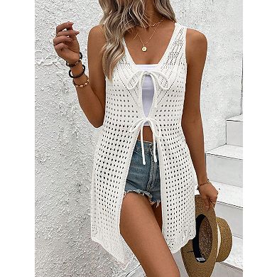 Women's Sleeveless Cardigan with Front Tie Closure