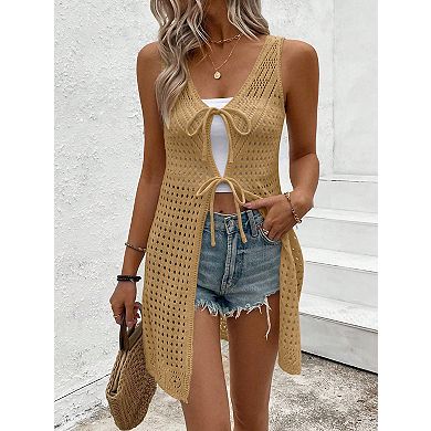 Women's Long Sleeveless Cardigan with Front Tie Closure