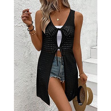 Women's Long Sleeveless Cardigan with Front Tie Closure