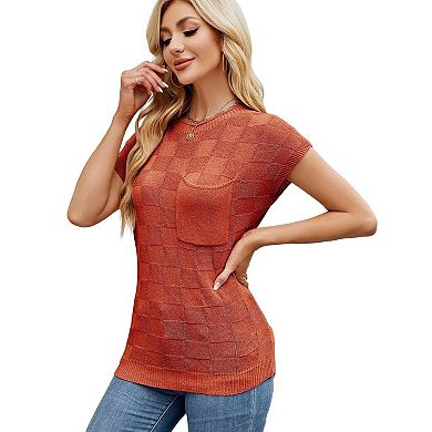 Women's Short Sleeve Pullover Checkered Kni Top with Chest Pocket