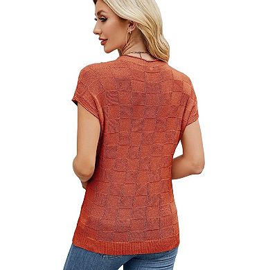 Women's Short Sleeve Pullover Checkered Kni Top with Chest Pocket