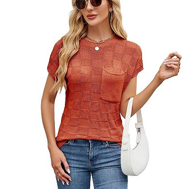 Women's Short Sleeve Pullover Checkered Kni Top with Chest Pocket