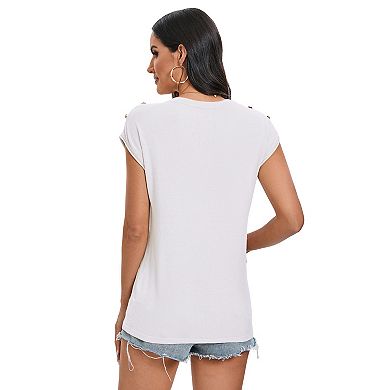 Women's Round Neck Solid Knit Pullover Cap Sleeve with Shoulder Buttons