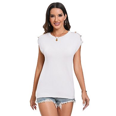 Women's Round Neck Solid Knit Pullover Cap Sleeve with Shoulder Buttons