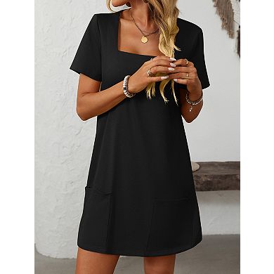 Women's Square Neck Short Sleeve Mini Dress Casual Summer Dress with Side Pockets