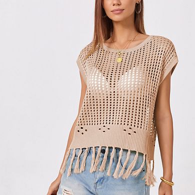 Women's Crew Neck Solid Color Tassel Beach Knit Top Sleeveless Crochet Knit Vest