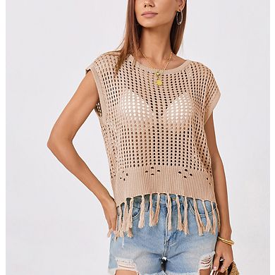 Women's Crew Neck Solid Color Tassel Beach Knit Top Sleeveless Crochet Knit Vest