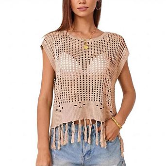 Women's Crew Neck Solid Color Tassel Beach Knit Top Sleeveless Crochet Knit Vest