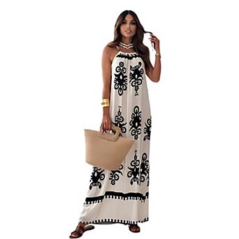 Women's Ethnic Print Halter Dress Sleeveless Casual Maxi Dress for Everyday