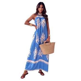Women's Ethnic Print Halter Dress Sleeveless Casual Maxi Dress for Everyday