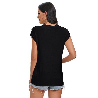 Women's Round Neck Knit Pullover Cap Sleeve with Shoulder Buttons