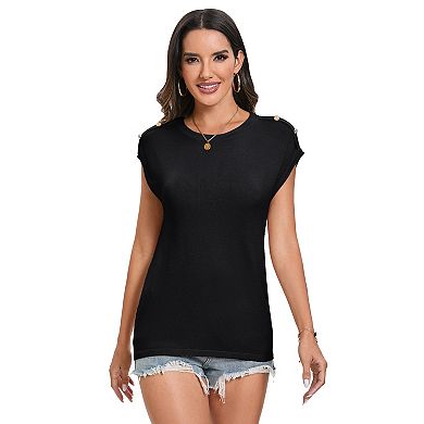 Women's Round Neck Knit Pullover Cap Sleeve with Shoulder Buttons