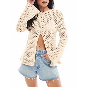 Women's Crochet Cardigan Light Weight Long Sleeve Button Hollow Out Thin Cardigan