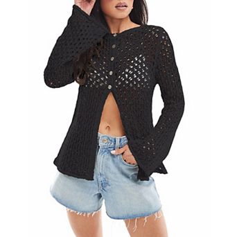 Women's Crochet Cardigan Light Weight Long Sleeve Button Hollow Out Thin Cardigan
