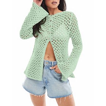 Women's Crochet Cardigan Light Weight Long Sleeve Button Hollow Out Thin Cardigan