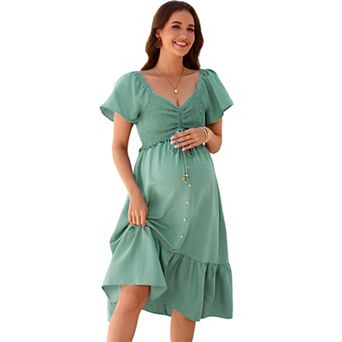Women's Maternity Midi Dress V Neck Ruffle Sleeve Dress Beach Vacation Pregnancy Dress