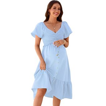 Women's Maternity Midi Dress V Neck Ruffle Sleeve Dress Beach Vacation Pregnancy Dress